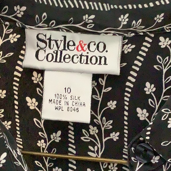 100% SILK Black & White Button Down Collared Blouse Washable Long Sleeve Size 10 - Picture 2 of 4